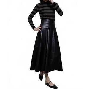 NEW BYRD harper faux leather flare midi skirt in black